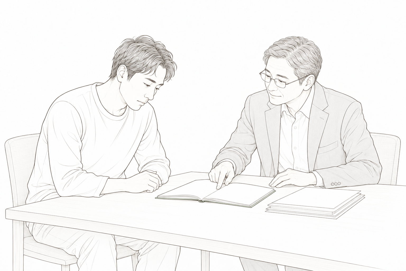 書類とノートを用いた相談を描いたイメージイラスト