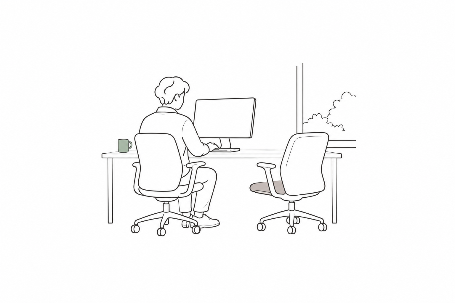 職場の机でパソコンに向かう人と空いた椅子を描いた生成イメージイラスト。実際の職場の再現ではありません。
