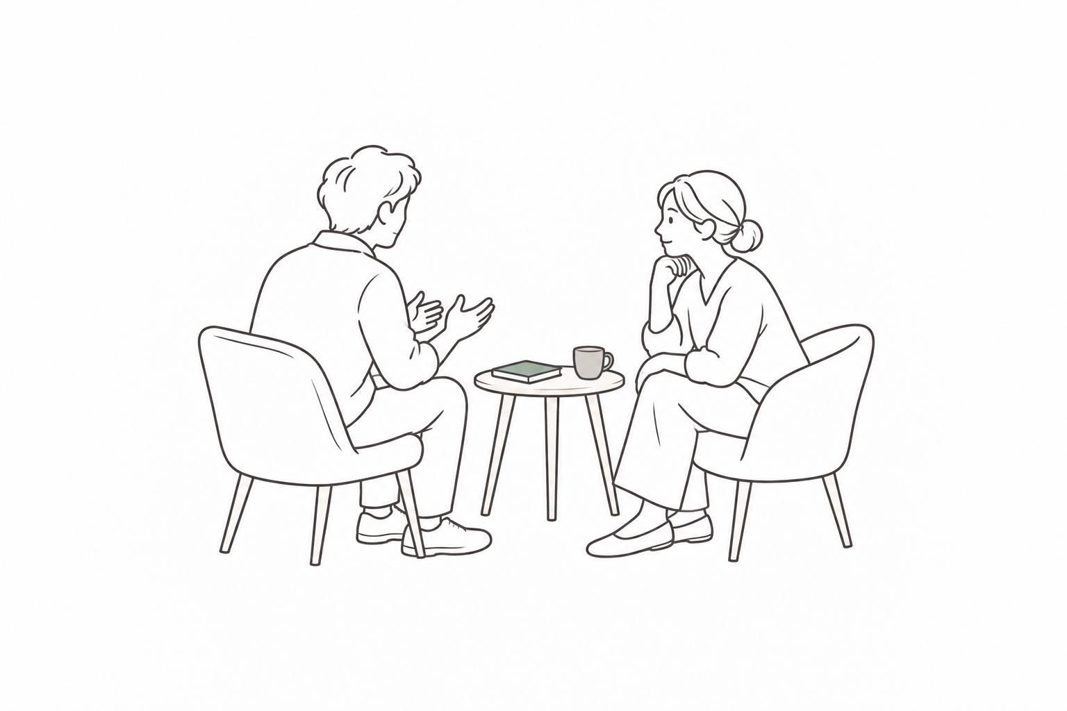 向かい合って相談する二人を描いた生成イメージイラスト。実在人物の写真や相談場面の再現ではありません。