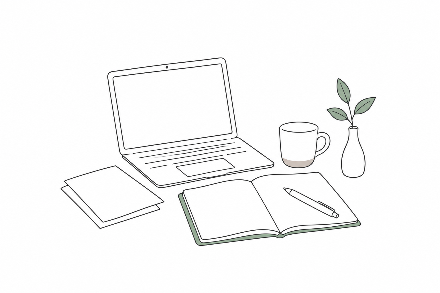 ノート、書類、パソコンを置いた机を描いた生成イメージイラスト。実際の場面の再現ではありません。