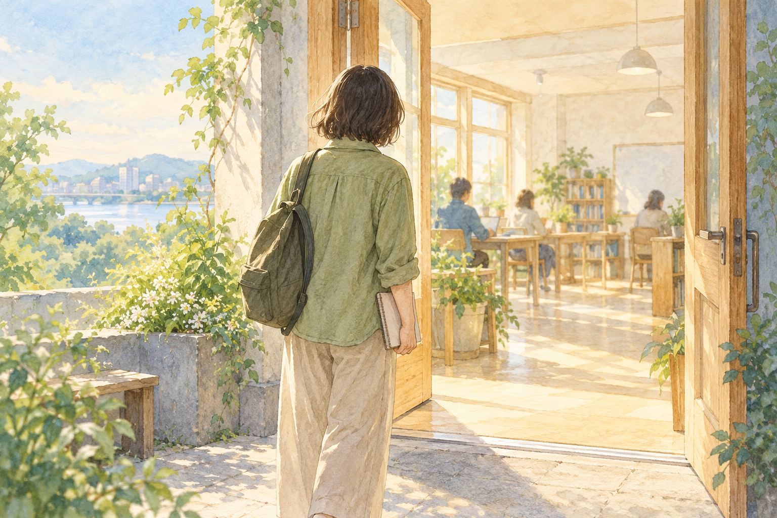 学びの場に向かう人を描いたAIイメージイラスト