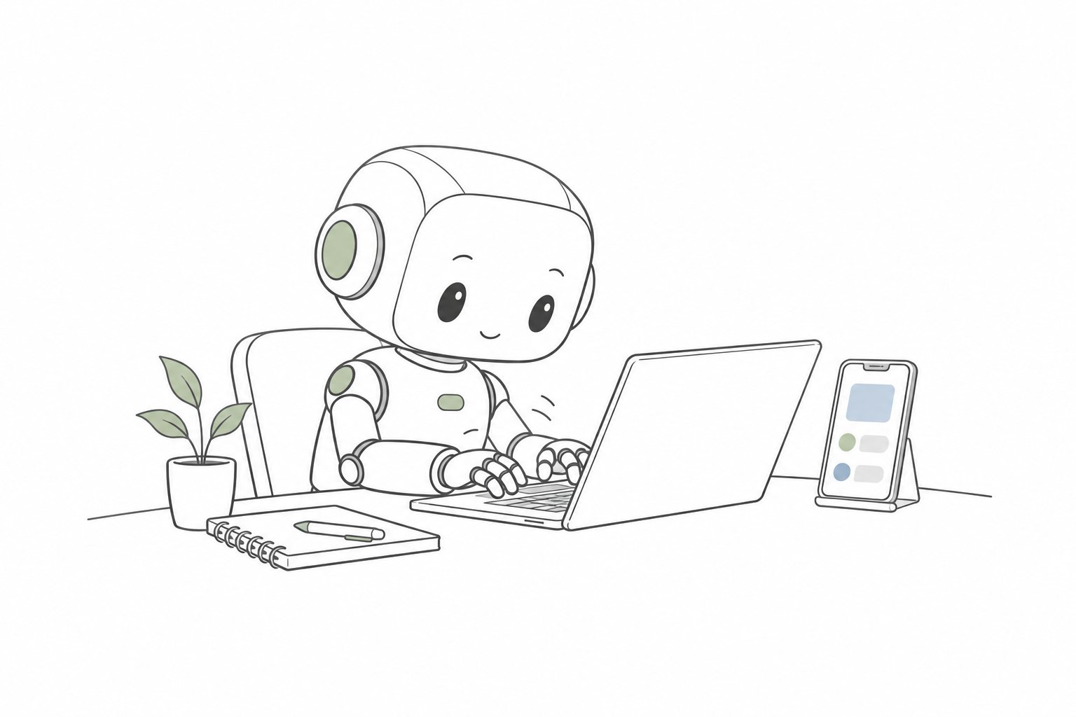 ノートPCでアプリを開発するロボットと、横に置かれたスマートフォン