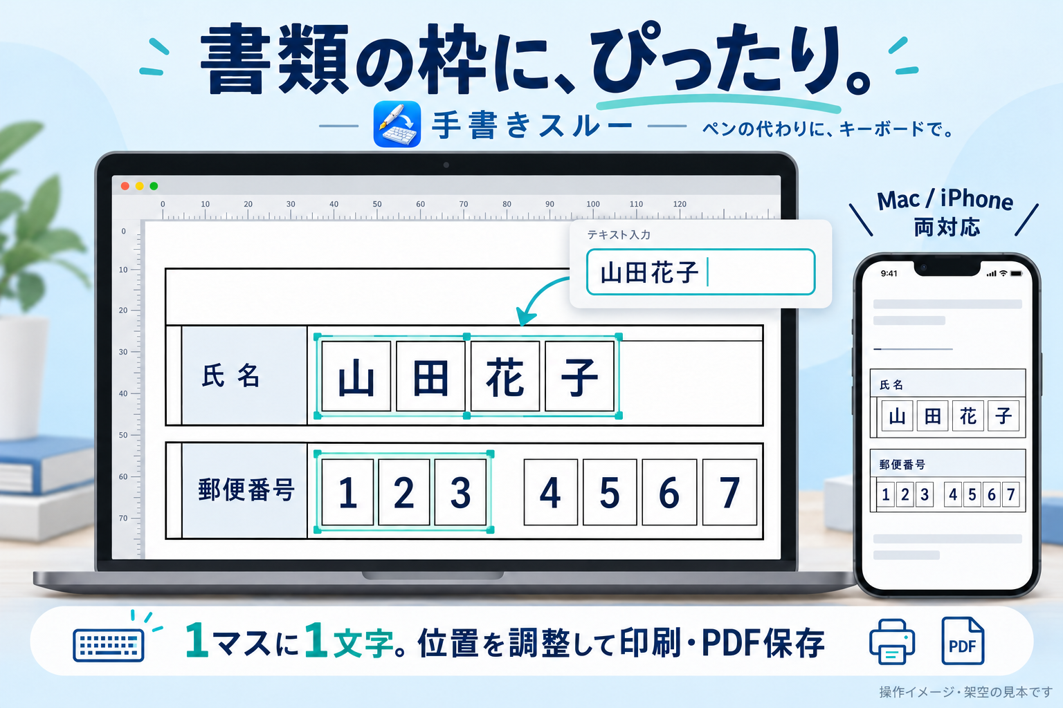 手書きスルーの既存アイコンと、氏名・郵便番号の枠に1文字ずつ中央配置したMac・iPhoneの操作イメージ