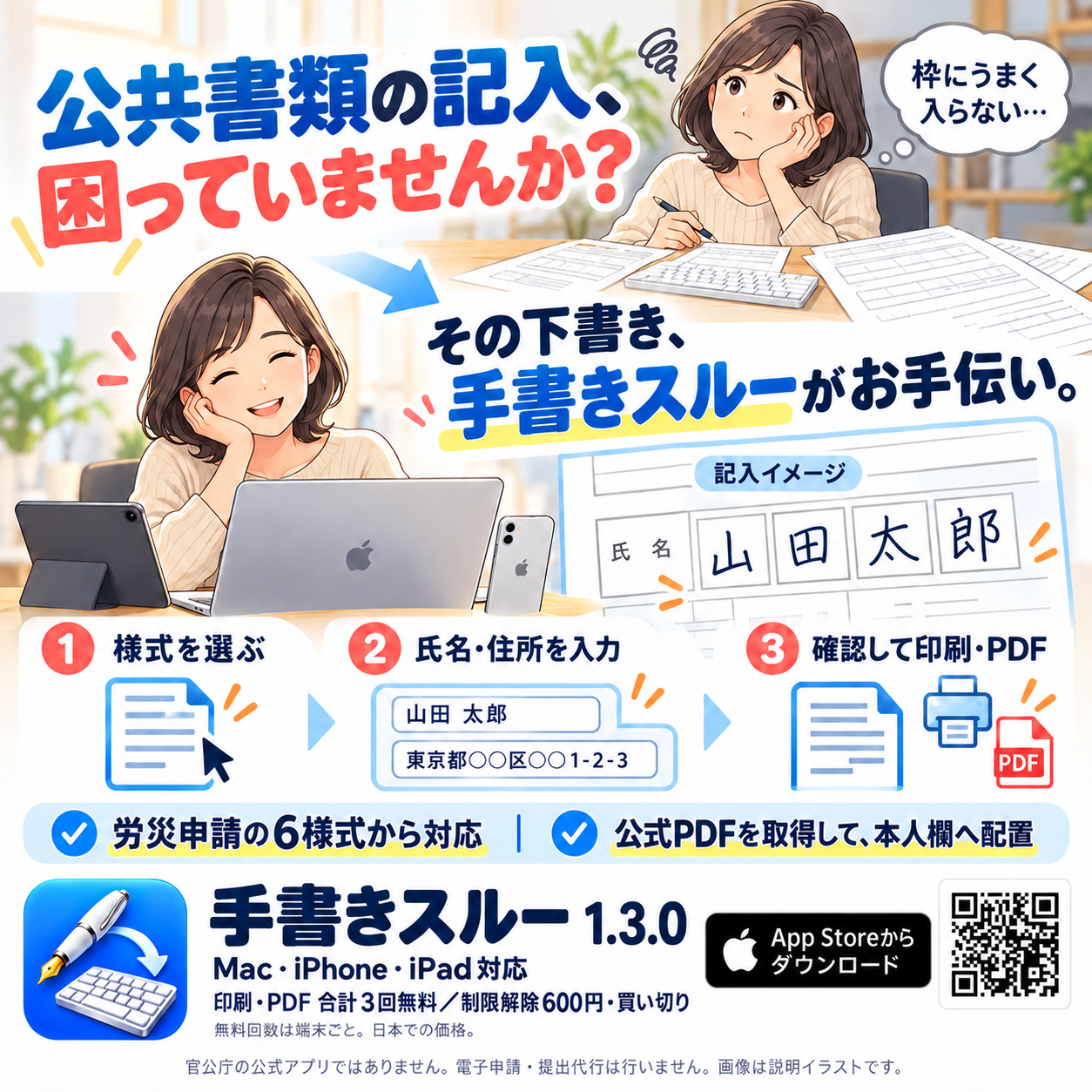 公共書類の記入に困っている方へ。手書きスルー1.3.0は労災申請6様式の公式PDFから本人欄の下書きを作成。Mac・iPhone・iPad対応。端末ごと印刷・PDF合計3回無料、600円買い切り。App StoreのQRコード付き。説明イラスト。
