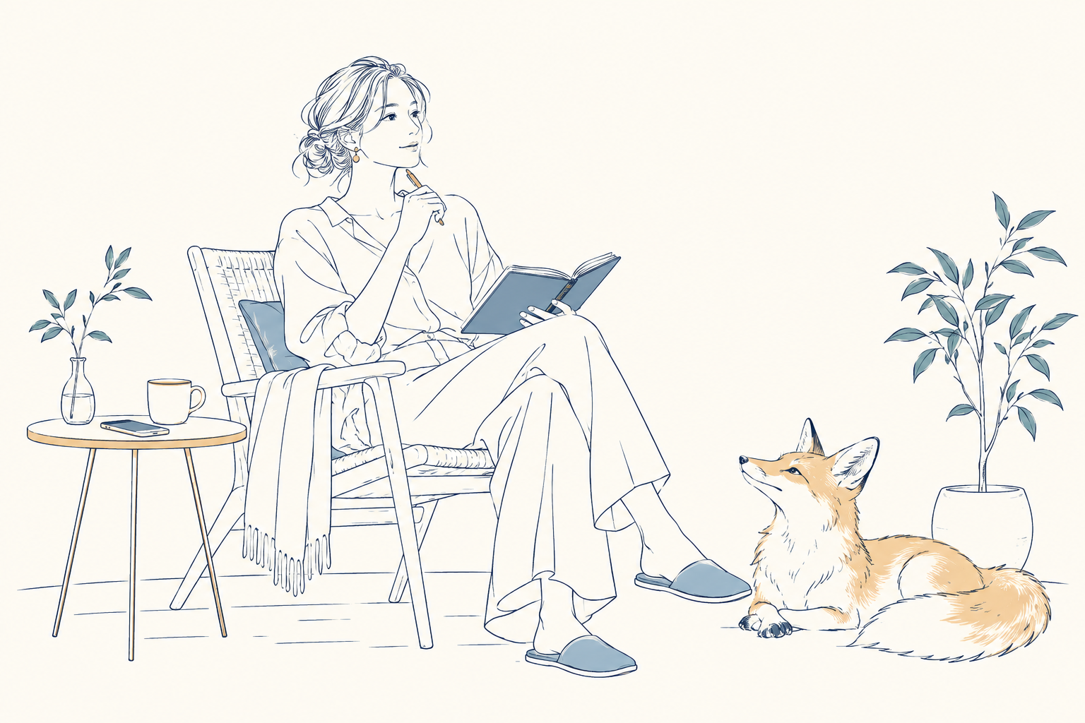 ノートを持つ人のそばで、キツネが静かに見守るイラスト